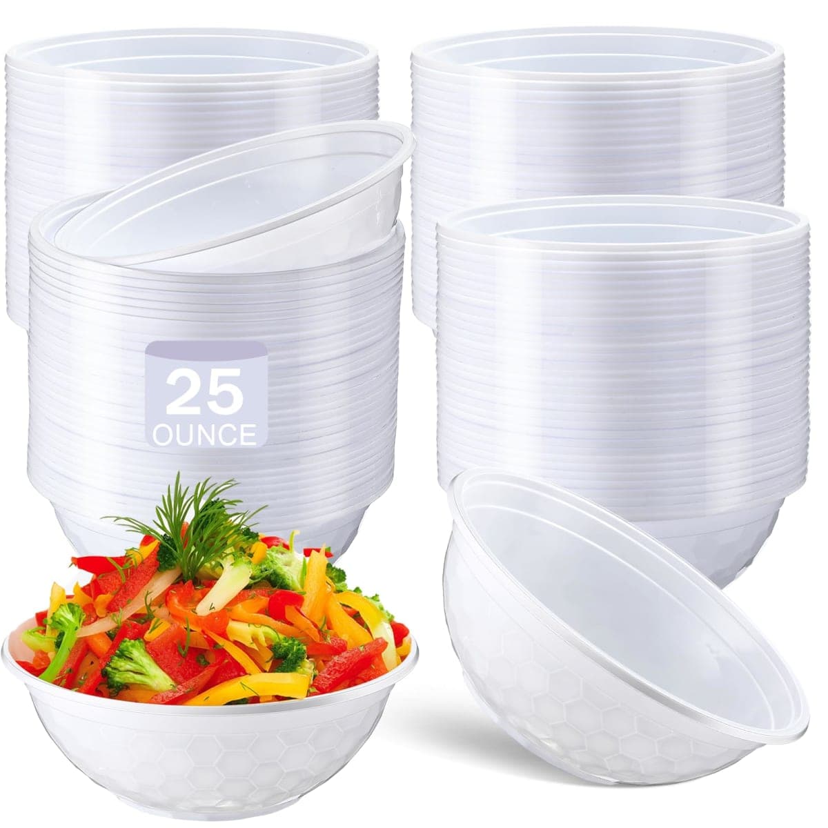 Afarnook 100 Pack White Disposable Plastic Bowls Soccer Texture Plastic Salad Bowls Large Stackable Serving Soup Microwave Safe Dinnerware for Birthdays, Weddings, Parties, Festivals (25 0z,Soccer 2)