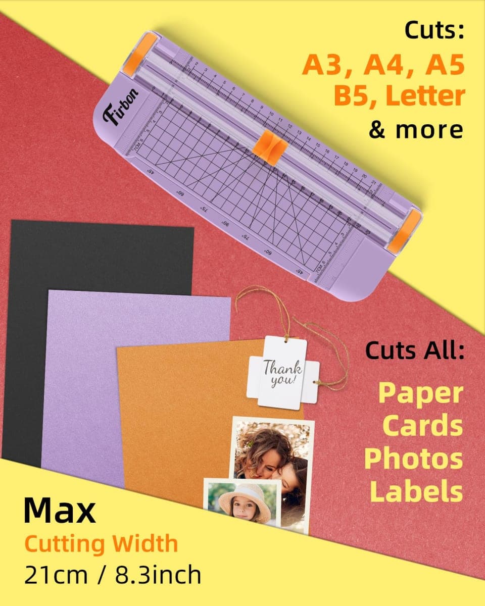 Firbon Purple A5 Paper Cutter, Straight Small Paper Trimmer with Side Ruler for Scrapbooking Craft, Paper, Coupon, Label, Cardstock thumbnail 2