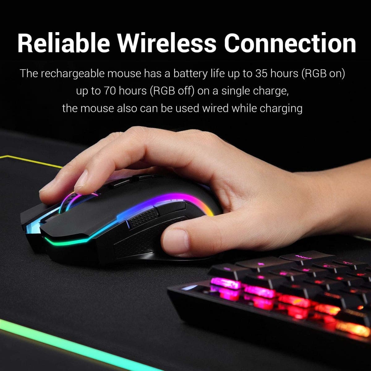 Redragon M602 Griffin RGB Gaming Mouse, RGB Spectrum Backlit Ergonomic Mouse with 7 Programmable Backlight Modes up to 7200 DPI for Windows PC Gamers (Black, Wireless) thumbnail 3