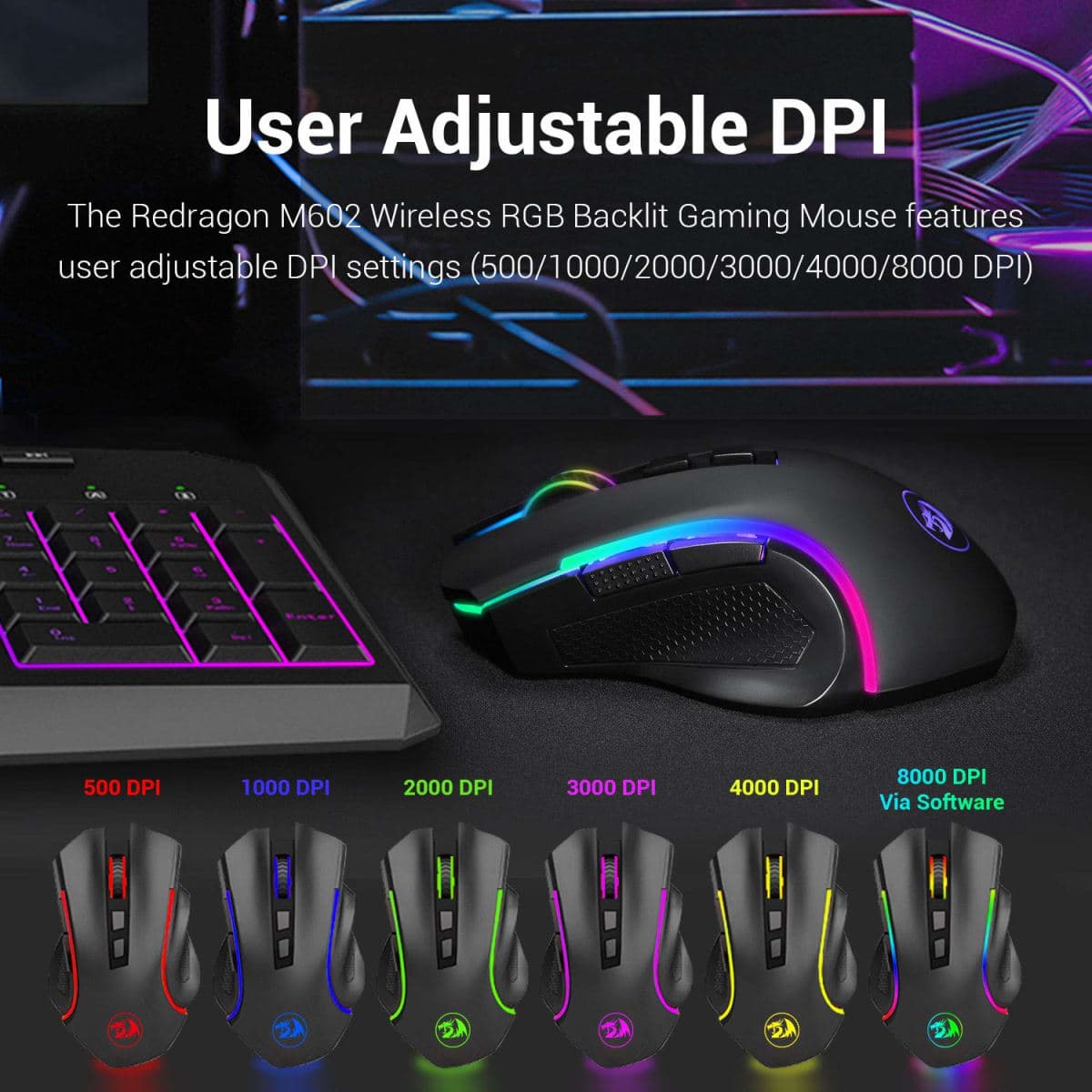 Redragon M602 Griffin RGB Gaming Mouse, RGB Spectrum Backlit Ergonomic Mouse with 7 Programmable Backlight Modes up to 7200 DPI for Windows PC Gamers (Black, Wireless) thumbnail 4