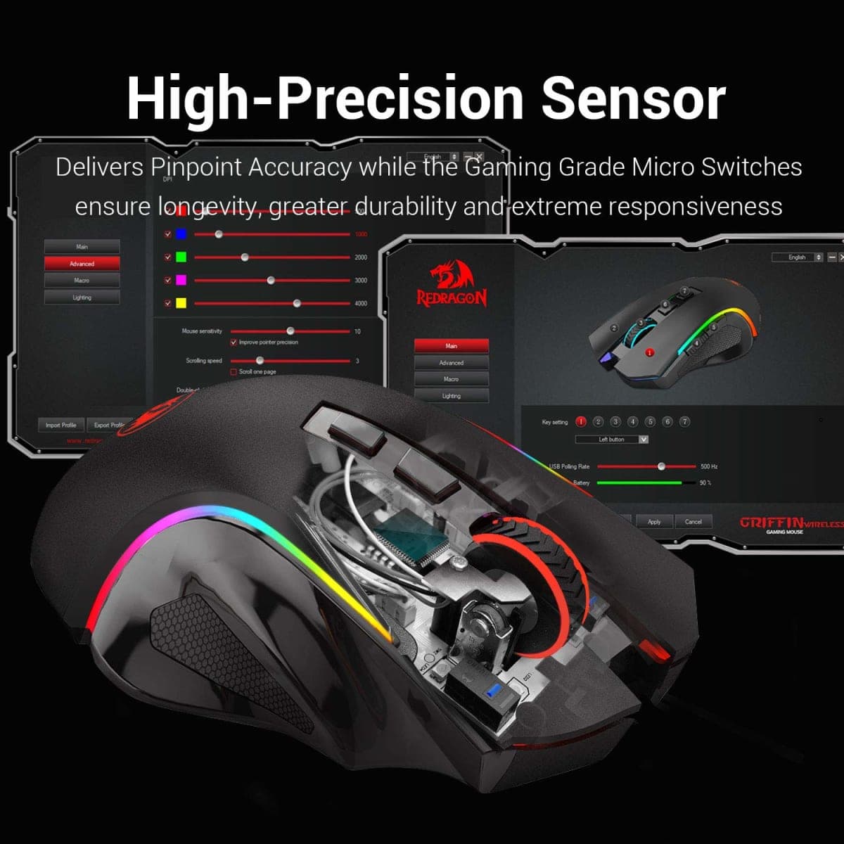 Redragon M602 Griffin RGB Gaming Mouse, RGB Spectrum Backlit Ergonomic Mouse with 7 Programmable Backlight Modes up to 7200 DPI for Windows PC Gamers (Black, Wireless) thumbnail 5