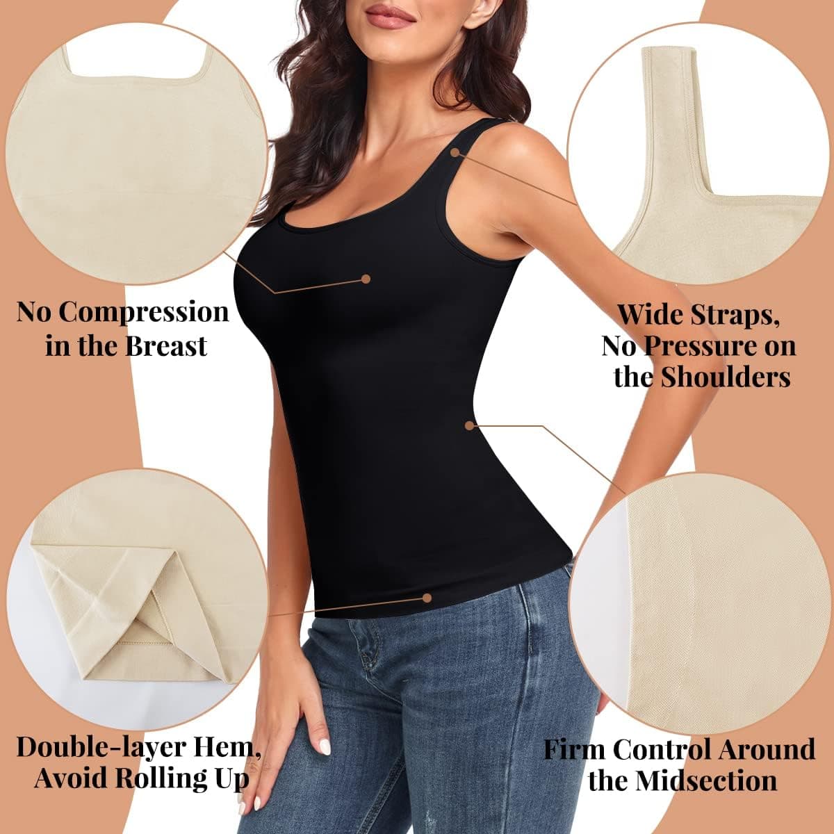 EUYZOU Women Tummy Control Shapewear Tank Tops Seamless Square Neck Compression Tops Slimming Body Shaper Camisole, Black/White/Navy 3pk, Medium thumbnail 4