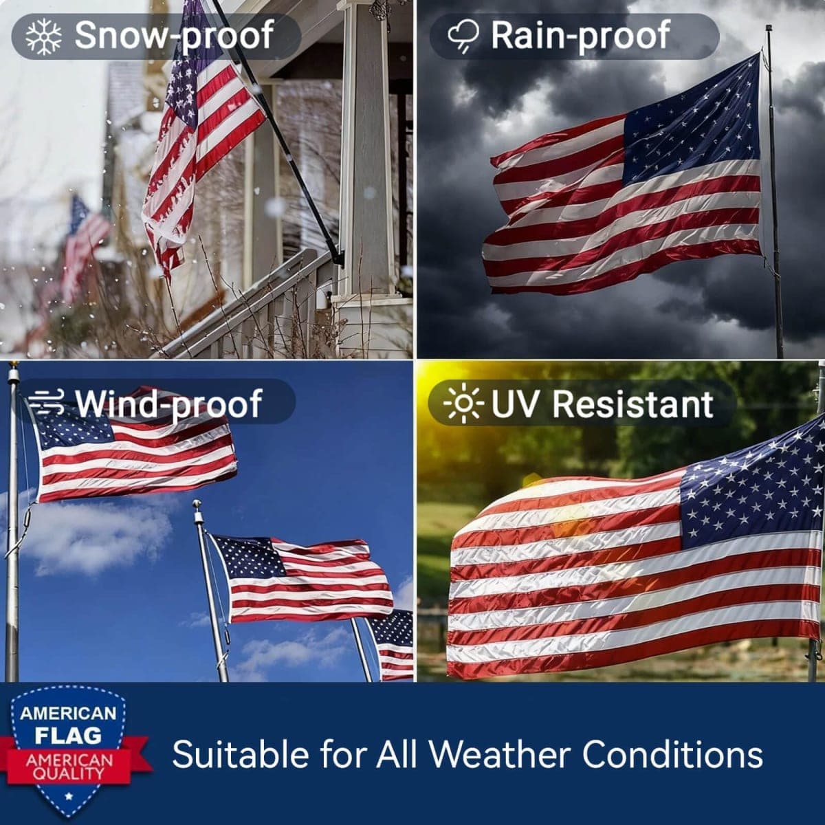 Premium Quality Tear Resistant Windproof Outdoor American Flag with Embroidered Stars, Sewn Stripes, Brass Grommets for All-Weather Durability thumbnail 2