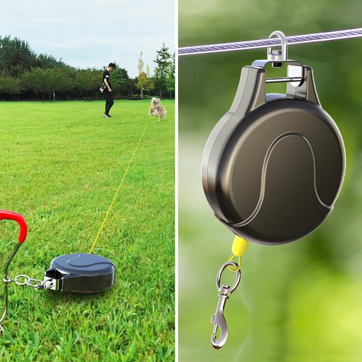 30ft Retractable Dog Tie Out Cable, 2-in-1 Retractable Dog Leash for Dog Zipline, Aerial Run Cable Dog Lead Trolley Or Dog Stake Dog Anchor, No Tangle Retractable Dog Tie Out Reel for Camping Or Yard thumbnail 2