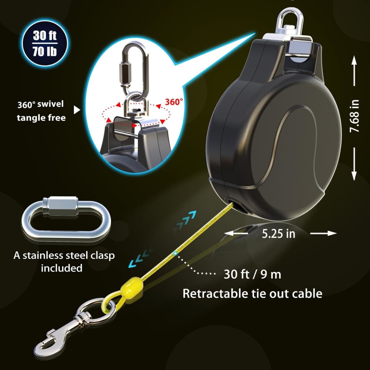 30ft Retractable Dog Tie Out Cable, 2-in-1 Retractable Dog Leash for Dog Zipline, Aerial Run Cable Dog Lead Trolley Or Dog Stake Dog Anchor, No Tangle Retractable Dog Tie Out Reel for Camping Or Yard thumbnail 3