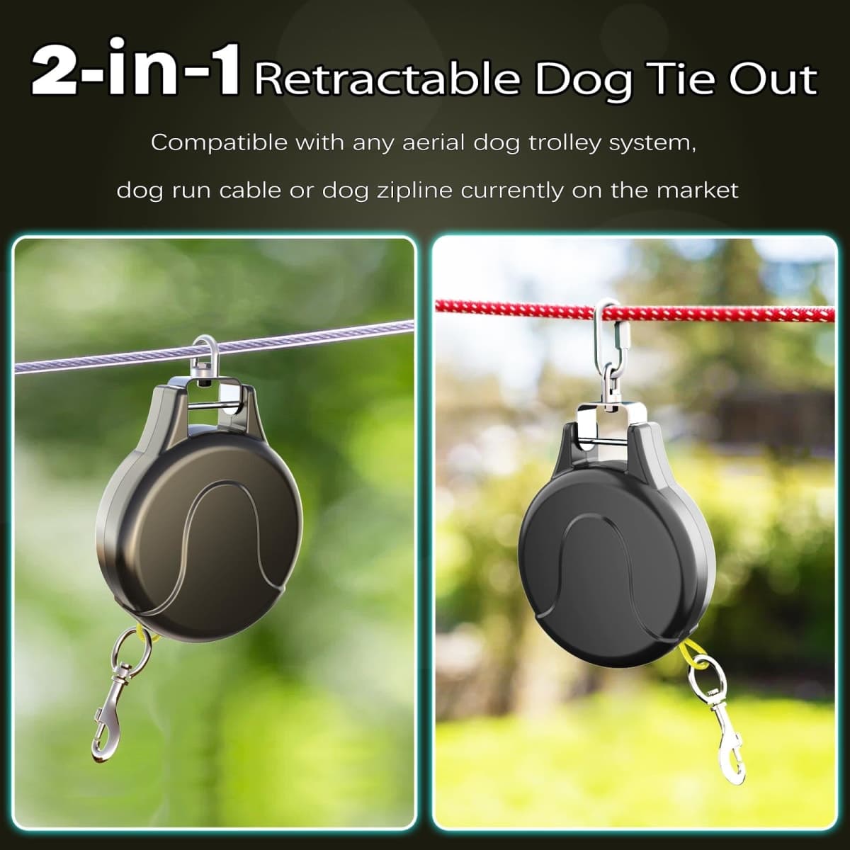 30ft Retractable Dog Tie Out Cable, 2-in-1 Retractable Dog Leash for Dog Zipline, Aerial Run Cable Dog Lead Trolley Or Dog Stake Dog Anchor, No Tangle Retractable Dog Tie Out Reel for Camping Or Yard thumbnail 4