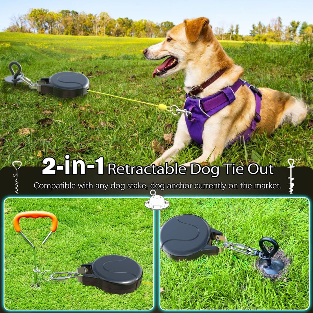 30ft Retractable Dog Tie Out Cable, 2-in-1 Retractable Dog Leash for Dog Zipline, Aerial Run Cable Dog Lead Trolley Or Dog Stake Dog Anchor, No Tangle Retractable Dog Tie Out Reel for Camping Or Yard thumbnail 5