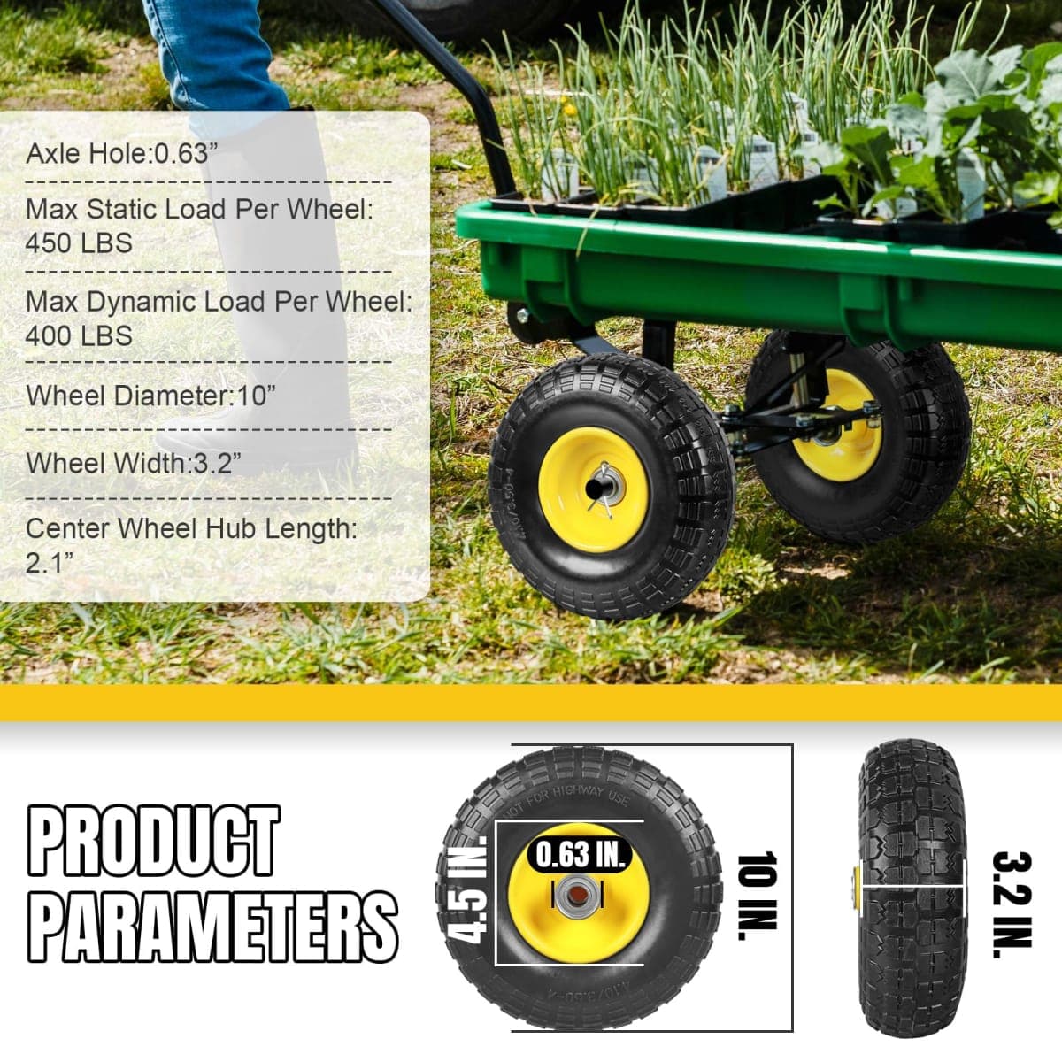 Jack Boss 10 Inch Soild Rubber Dolly Tire Wheels, 4.10/3.50-4" Tire and Wheel Flat Free for Garden Carts, 5/8" Bearings,2.2"Offset Hub for Hand Truck, Gorilla Cart, Wheelbarrow Metal (2 Packs) thumbnail 2