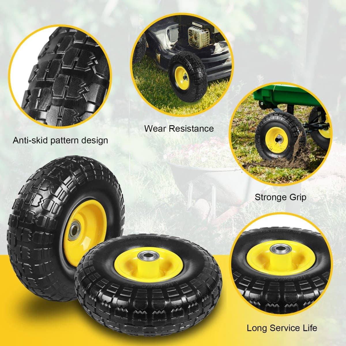 Jack Boss 10 Inch Soild Rubber Dolly Tire Wheels, 4.10/3.50-4" Tire and Wheel Flat Free for Garden Carts, 5/8" Bearings,2.2"Offset Hub for Hand Truck, Gorilla Cart, Wheelbarrow Metal (2 Packs) thumbnail 3