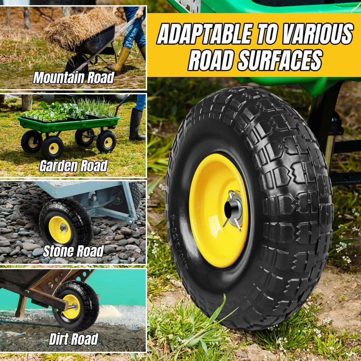 Jack Boss 10 Inch Soild Rubber Dolly Tire Wheels, 4.10/3.50-4" Tire and Wheel Flat Free for Garden Carts, 5/8" Bearings,2.2"Offset Hub for Hand Truck, Gorilla Cart, Wheelbarrow Metal (2 Packs) thumbnail 4