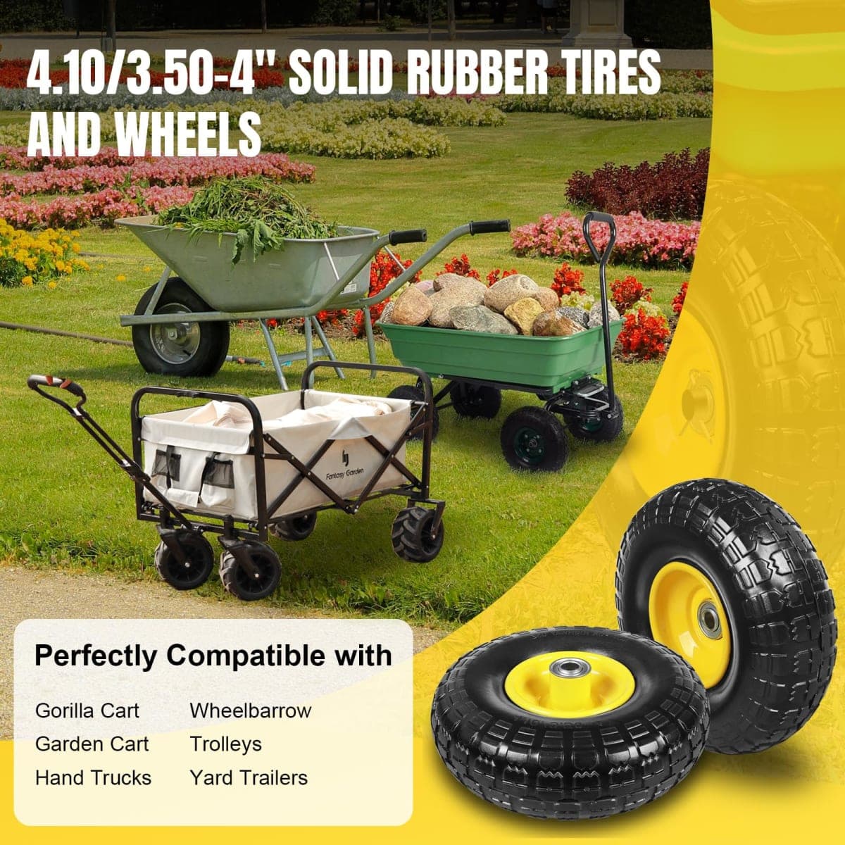 Jack Boss 10 Inch Soild Rubber Dolly Tire Wheels, 4.10/3.50-4" Tire and Wheel Flat Free for Garden Carts, 5/8" Bearings,2.2"Offset Hub for Hand Truck, Gorilla Cart, Wheelbarrow Metal (2 Packs) thumbnail 5