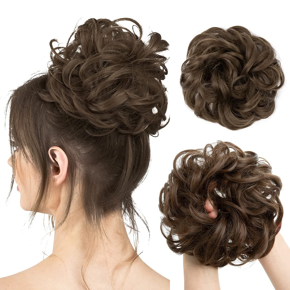CJL HAIR Large Messy Bun Hair Piece Wavy Curly Scrunchies Synthetic Chignon Ponytail Hair Extensions Thick Updo Hairpieces for Women (Wavy, Curly, Medium Ash Brown) — image 1