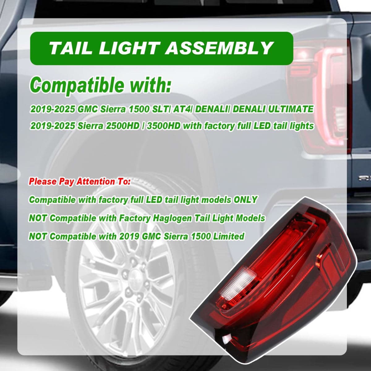 LED Tail Light Assembly Compatible with 2019-2024 GMC Sierra 1500/2500HD/3500HD,Right Passenger Side Taillights Rear Lamp with Signature Brake Light Replace# 84565922 GM2801310 thumbnail 2
