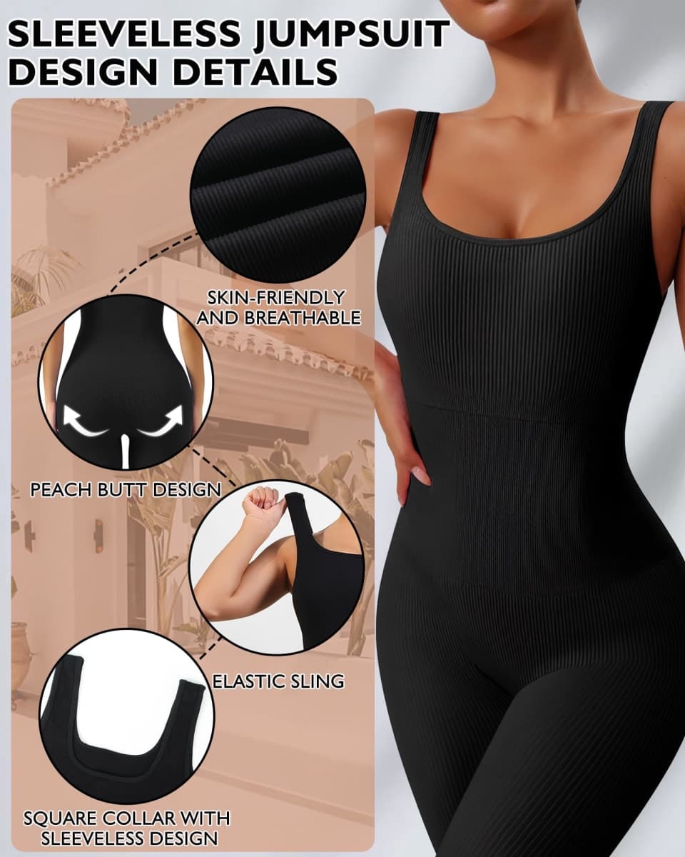 AURUZA Workout Jumpsuit for Women, Seamless Ribbed Yoga Unitard, Square Neck Tummy Control Romper, In-bra-black, Medium thumbnail 2