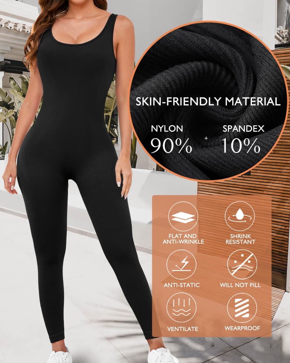 AURUZA Workout Jumpsuit for Women, Seamless Ribbed Yoga Unitard, Square Neck Tummy Control Romper, In-bra-black, Medium thumbnail 3