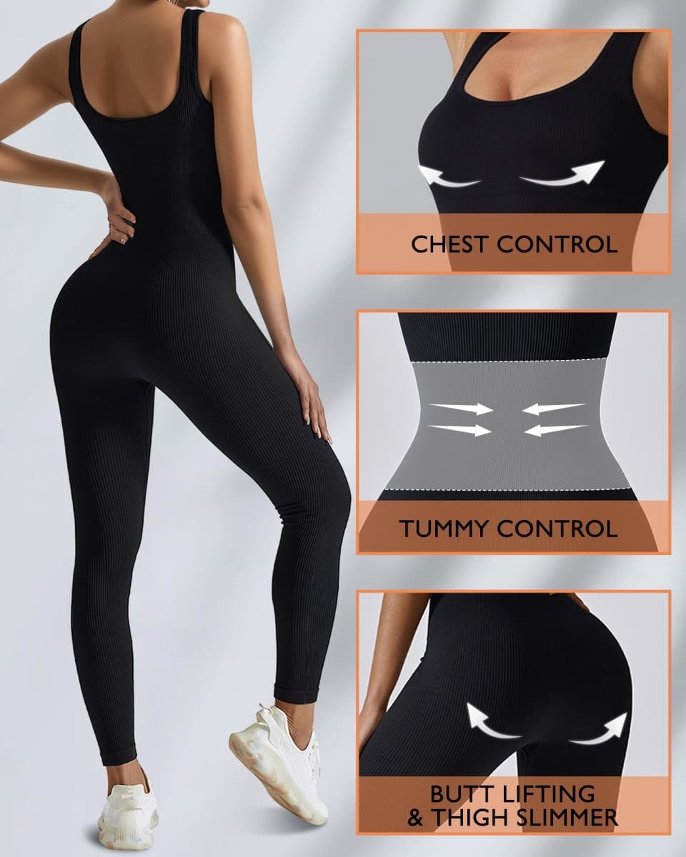AURUZA Workout Jumpsuit for Women, Seamless Ribbed Yoga Unitard, Square Neck Tummy Control Romper, In-bra-black, Medium thumbnail 4
