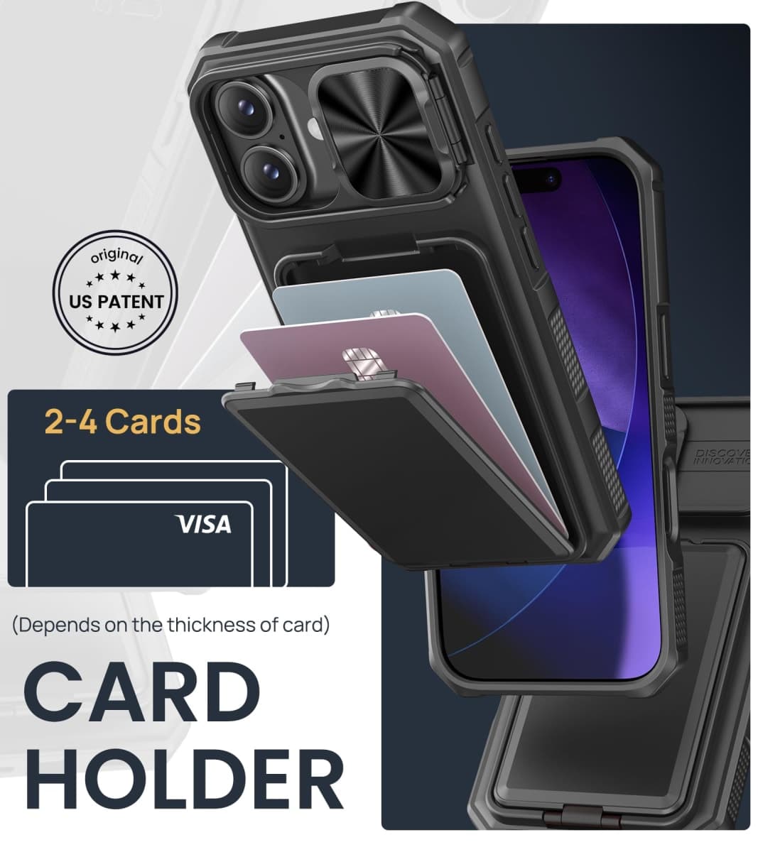 SSLOTSCASE for iPhone 17 Case with Card Holder & Kickstand & Slide Camera Lens Cover & Camera Stand & Wallet, Military-Grade Heavy Duty Hard Rugged Phone Case Cover for iPhone 17 6.3'' 5G 2025, Black thumbnail 2