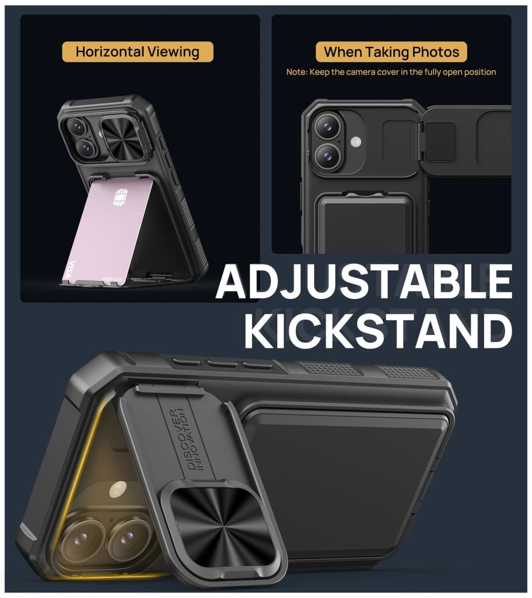 SSLOTSCASE for iPhone 17 Case with Card Holder & Kickstand & Slide Camera Lens Cover & Camera Stand & Wallet, Military-Grade Heavy Duty Hard Rugged Phone Case Cover for iPhone 17 6.3'' 5G 2025, Black thumbnail 3