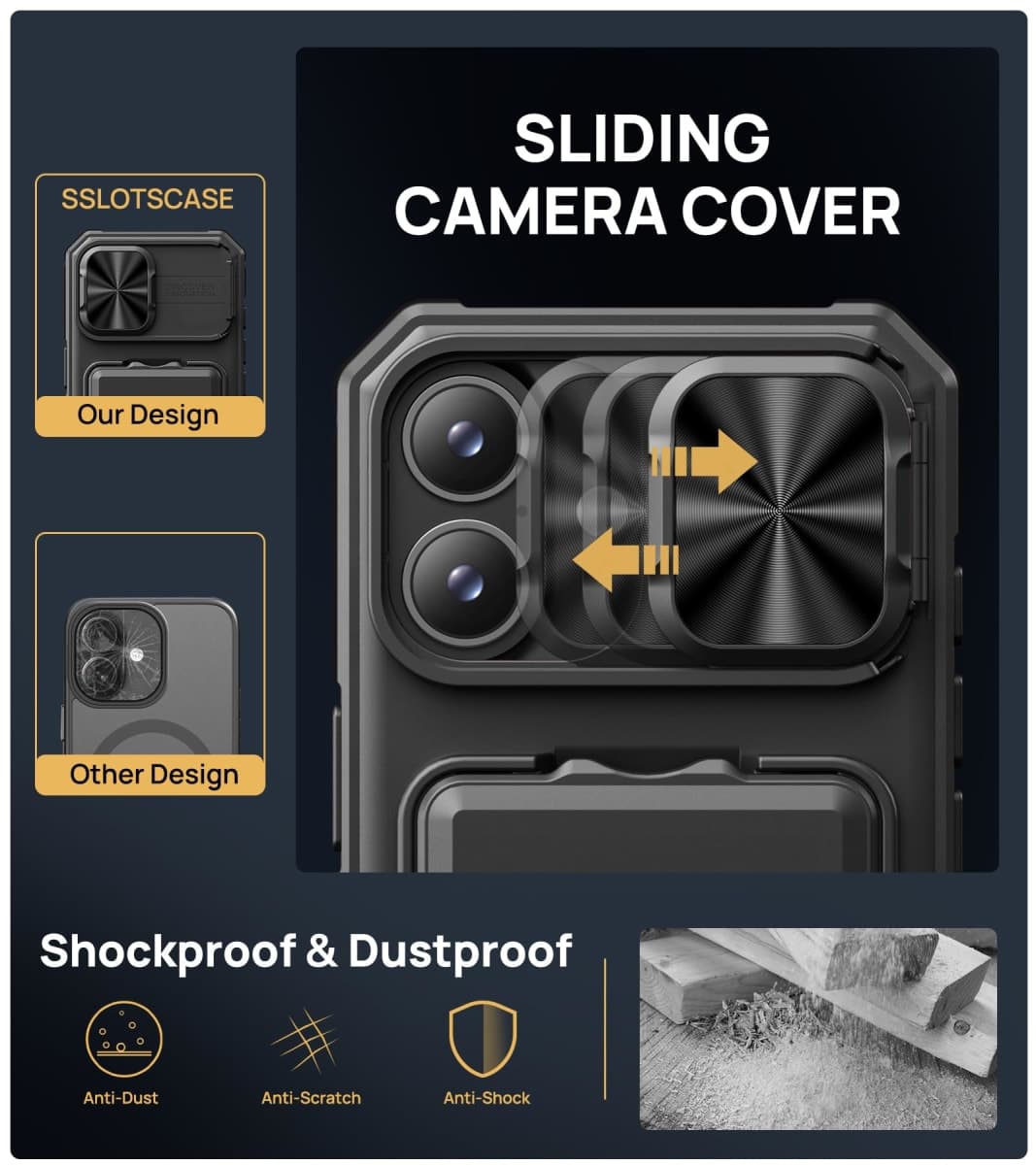 SSLOTSCASE for iPhone 17 Case with Card Holder & Kickstand & Slide Camera Lens Cover & Camera Stand & Wallet, Military-Grade Heavy Duty Hard Rugged Phone Case Cover for iPhone 17 6.3'' 5G 2025, Black thumbnail 4