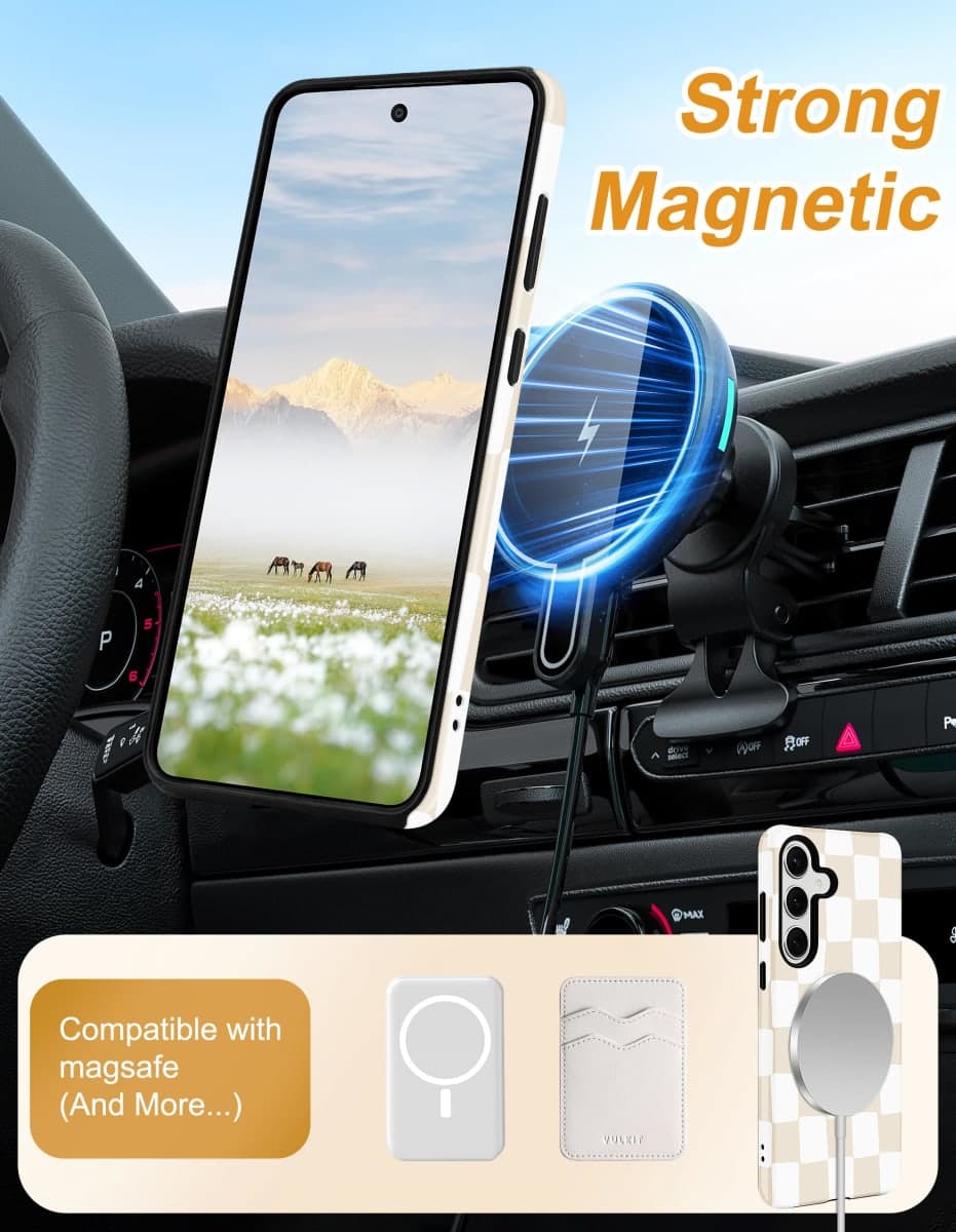 Aitipy Checkered Magnetic Phone Case for Samsung Galaxy S23 Plus, Compatible with Magsafe, with Cute Checkerboard Stand Ring Holder Aesthetic Protective Phone Cover for Women Girls - Beige thumbnail 4