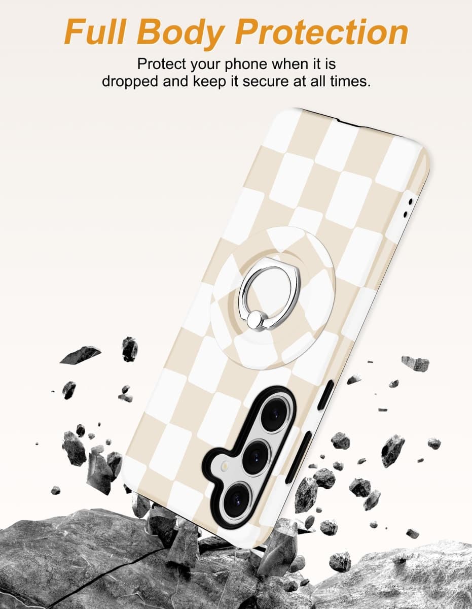 Aitipy Checkered Magnetic Phone Case for Samsung Galaxy S23 Plus, Compatible with Magsafe, with Cute Checkerboard Stand Ring Holder Aesthetic Protective Phone Cover for Women Girls - Beige thumbnail 5