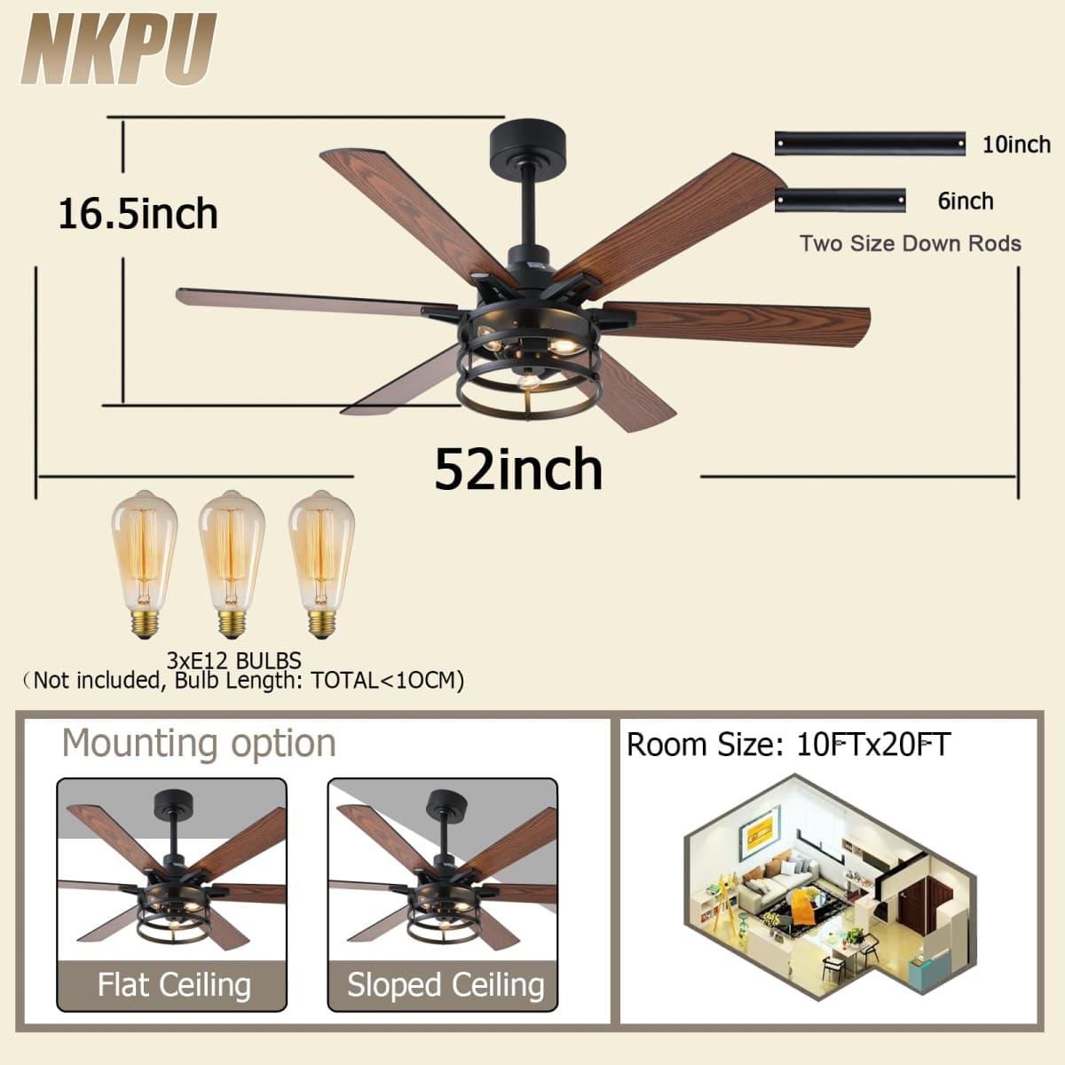 NKPU 52inch Ceiling Fans with Lights, Low Profile Ceiling Fan with Light and Remote/App Control, 2 Downrods, DC Reversible Motor thumbnail 3