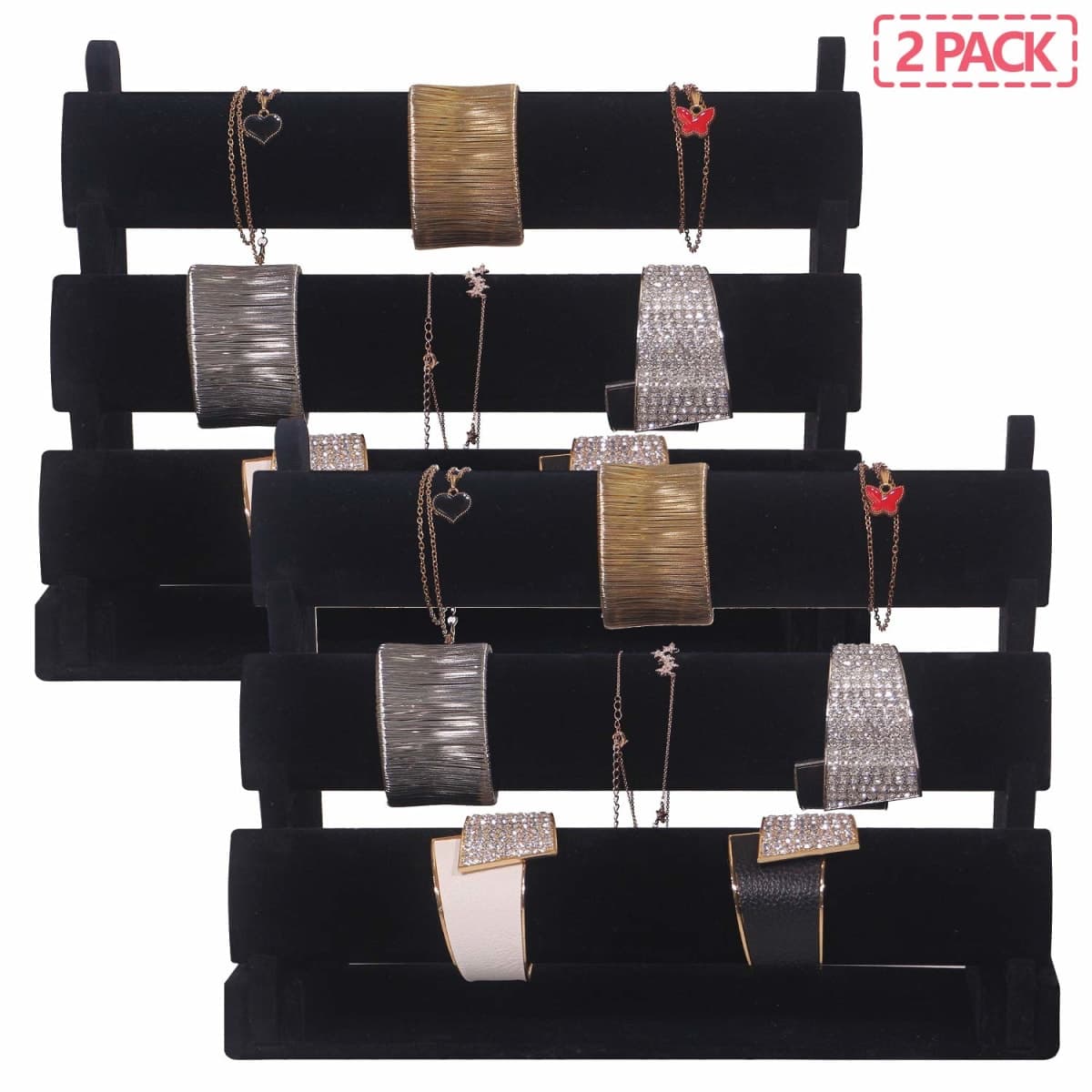 DIOMMELL 2 Pack Velvet Bracelet Holder with 3 Tier Rack, Jewelry Display Stand Watch Bangle Bar Necklace Storage Organizer, Black thumbnail 3