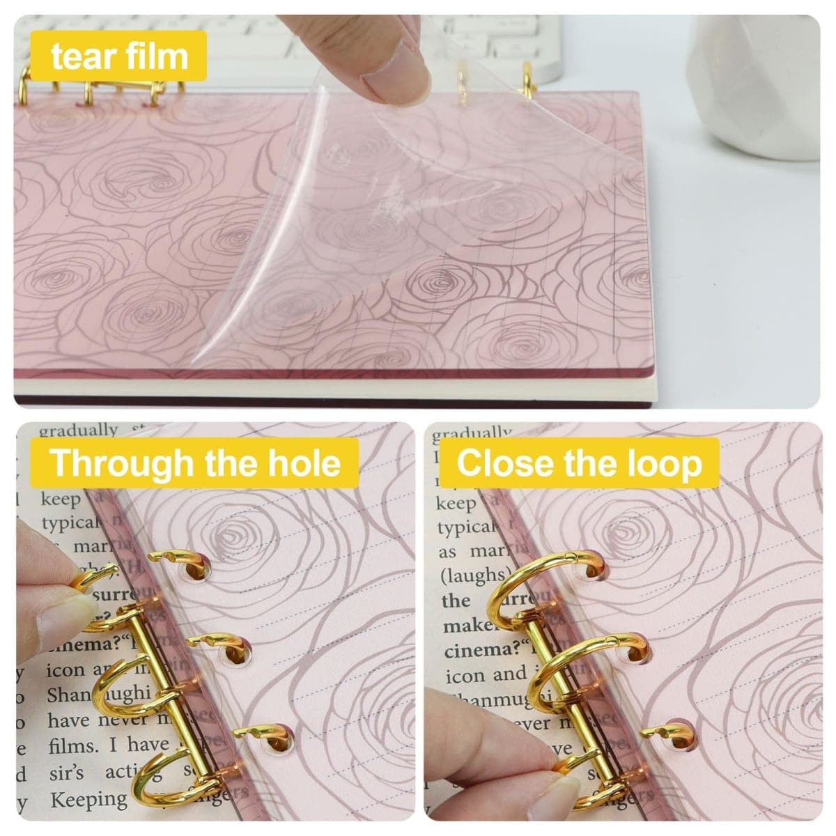 MultiBey A5 6-Ring Pink Acrylic Binder Notebook Cover, Gold Round Ring thumbnail 2