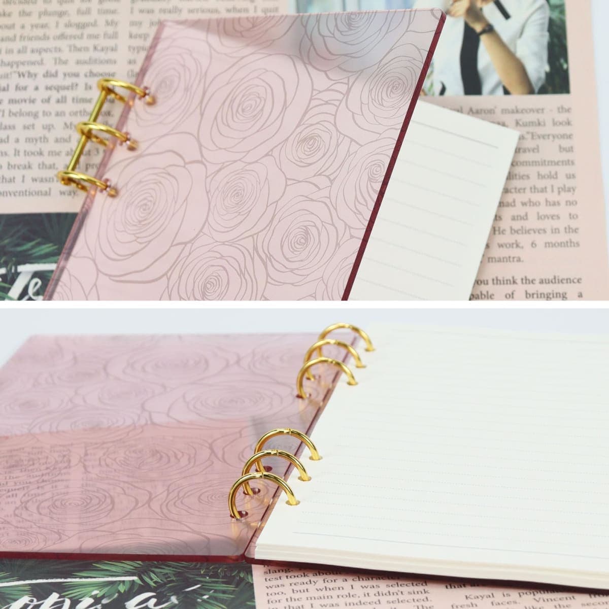 MultiBey A5 6-Ring Pink Acrylic Binder Notebook Cover, Gold Round Ring thumbnail 3