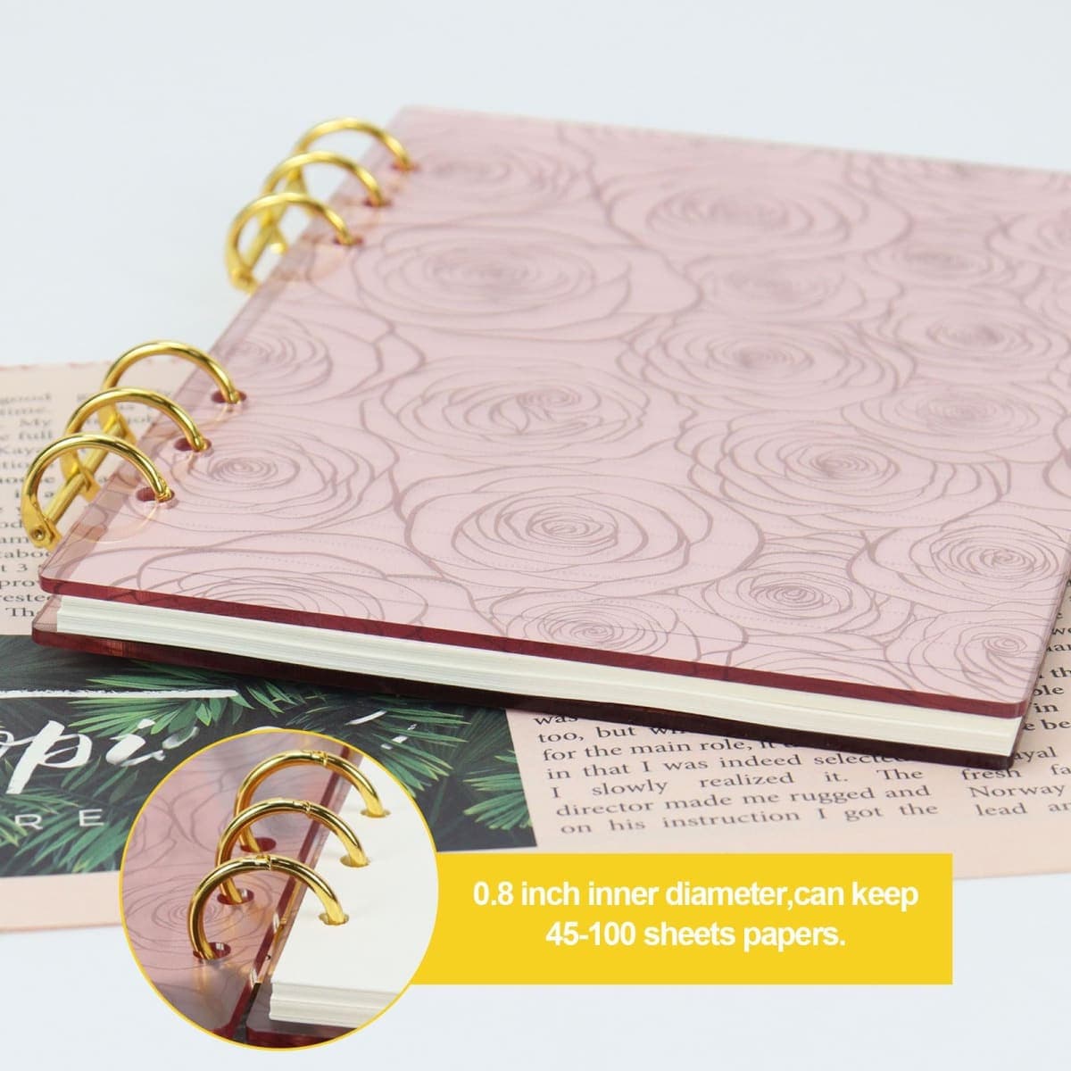 MultiBey A5 6-Ring Pink Acrylic Binder Notebook Cover, Gold Round Ring thumbnail 4