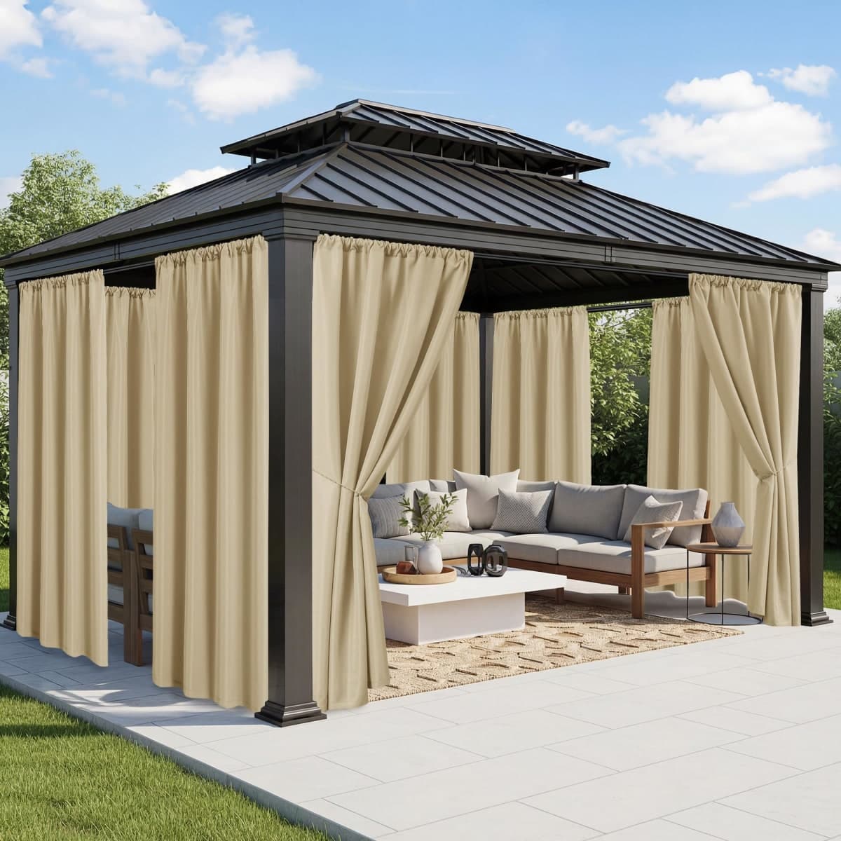 RichSets Outdoor Curtains for Patio Waterproof - 8 Panels Weatherproof Privacy Outside Curtains with Rod Pocket for Pergola, Gazebo, Porch, Cabana, Balcony, 54 x 120 Inch, Cream — image 1