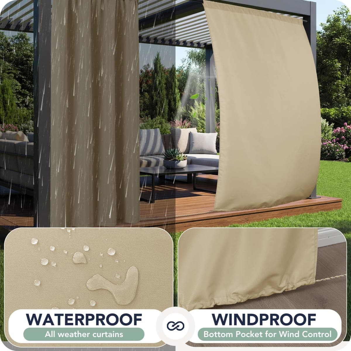 RichSets Outdoor Curtains for Patio Waterproof - 8 Panels Weatherproof Privacy Outside Curtains with Rod Pocket for Pergola, Gazebo, Porch, Cabana, Balcony, 54 x 120 Inch, Cream thumbnail 2