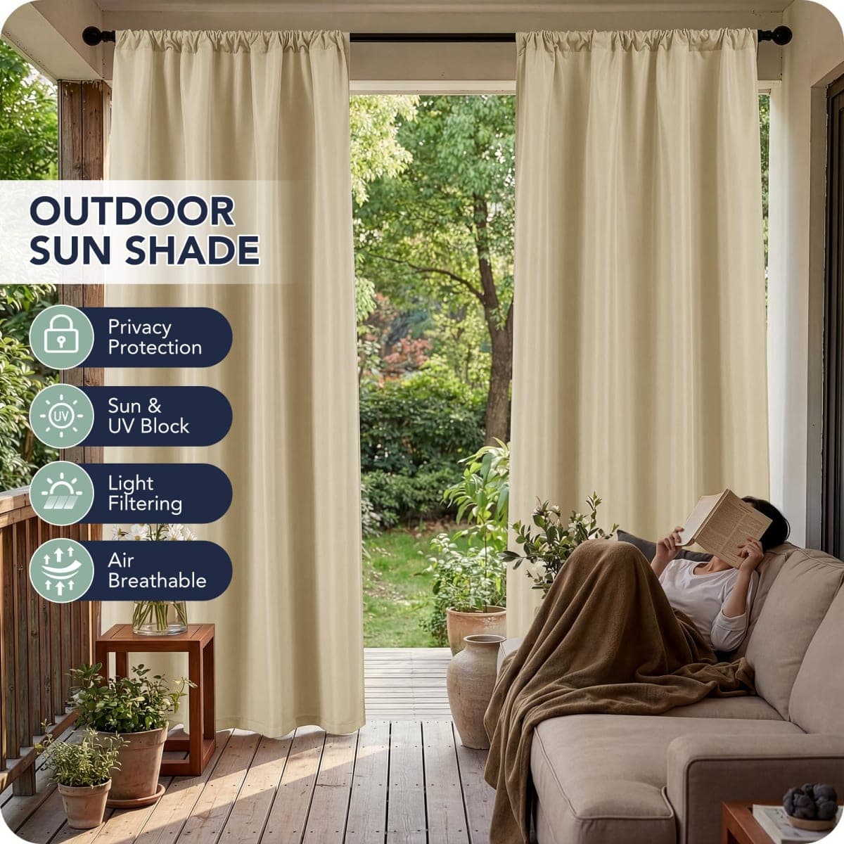 RichSets Outdoor Curtains for Patio Waterproof - 8 Panels Weatherproof Privacy Outside Curtains with Rod Pocket for Pergola, Gazebo, Porch, Cabana, Balcony, 54 x 120 Inch, Cream thumbnail 3