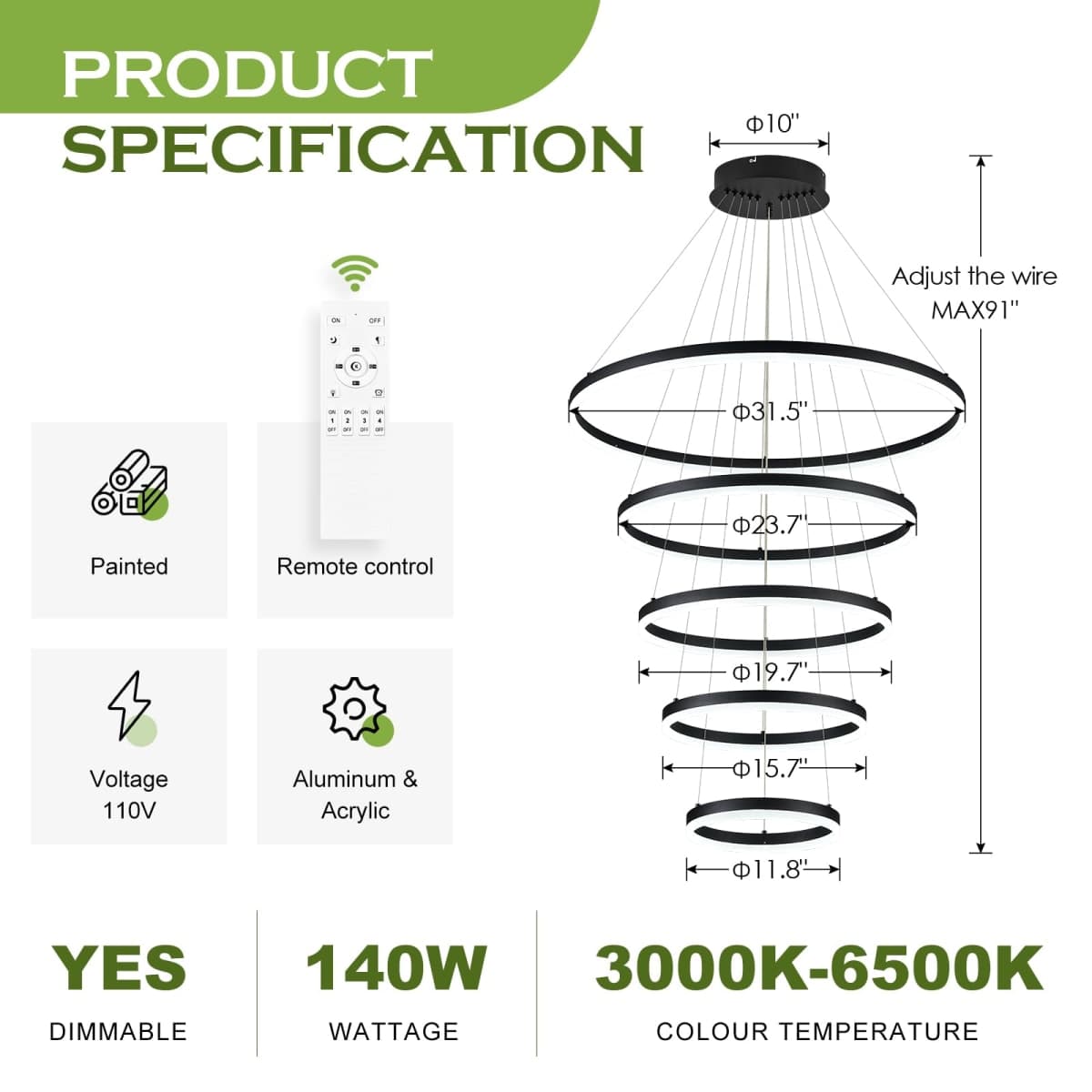 Benkut 5 Ring Modern LED Chandelier Black Dimmable High Ceiling Chandelier thumbnail 3