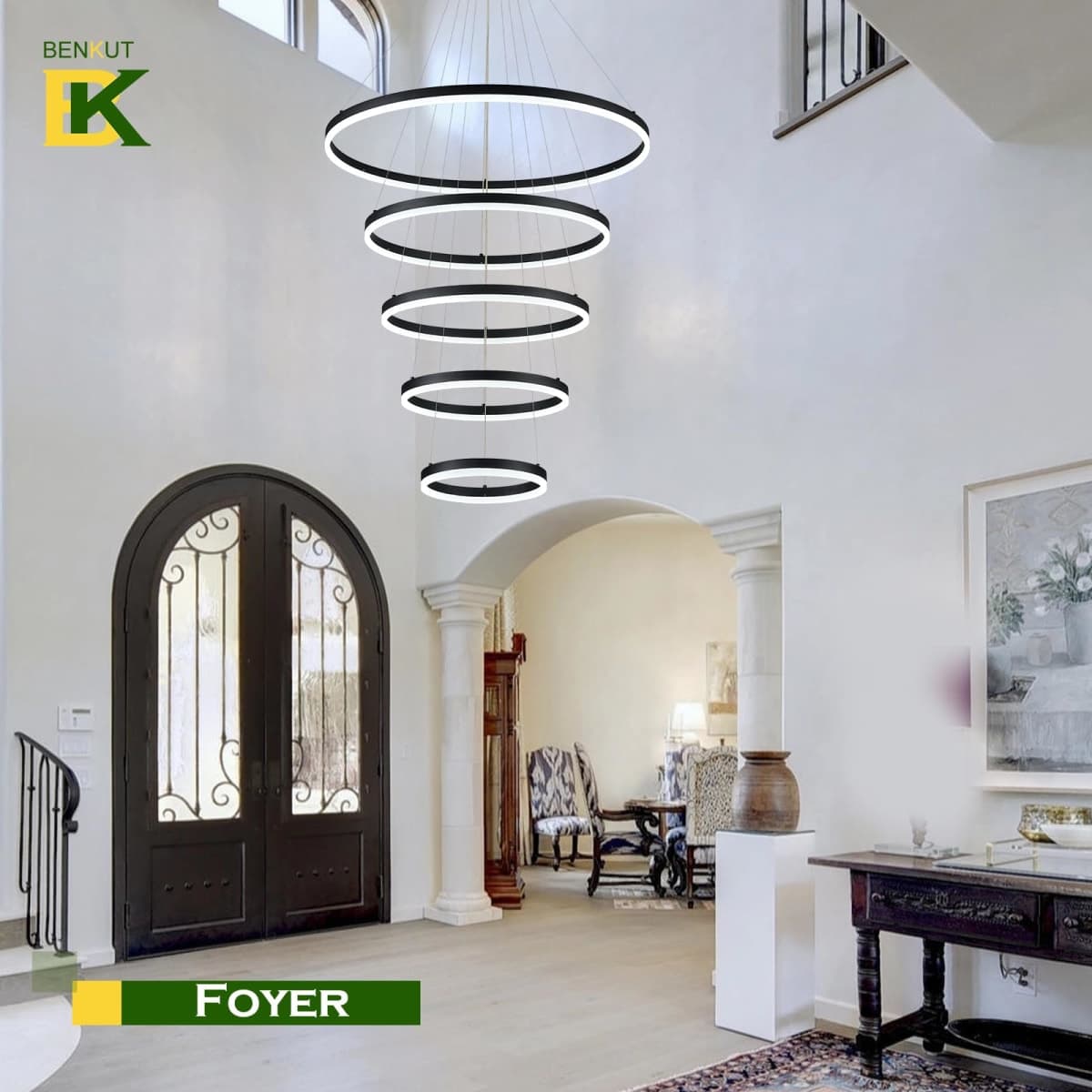 Benkut 5 Ring Modern LED Chandelier Black Dimmable High Ceiling Chandelier thumbnail 5