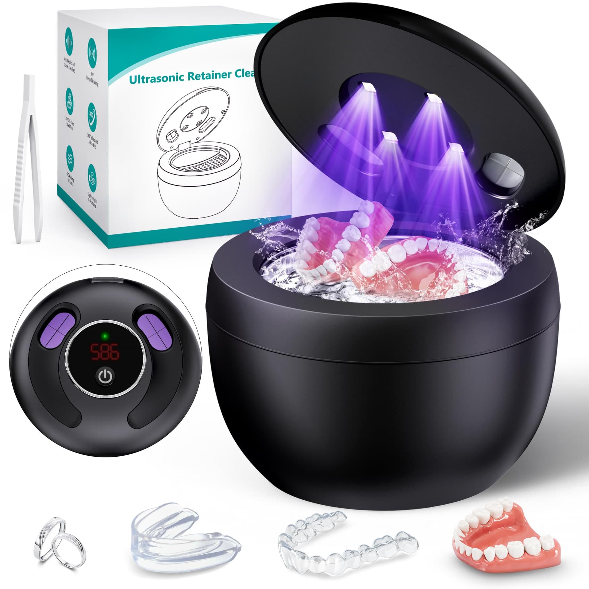 Upgraded Ultrasonic Retainer Cleaner Machine, 45kHz Ultrasonic Dentures Cleaner for Night Guards, Braces, Aligner, Toothbrush, Jewelry and More, 200ML Capacity, Black1