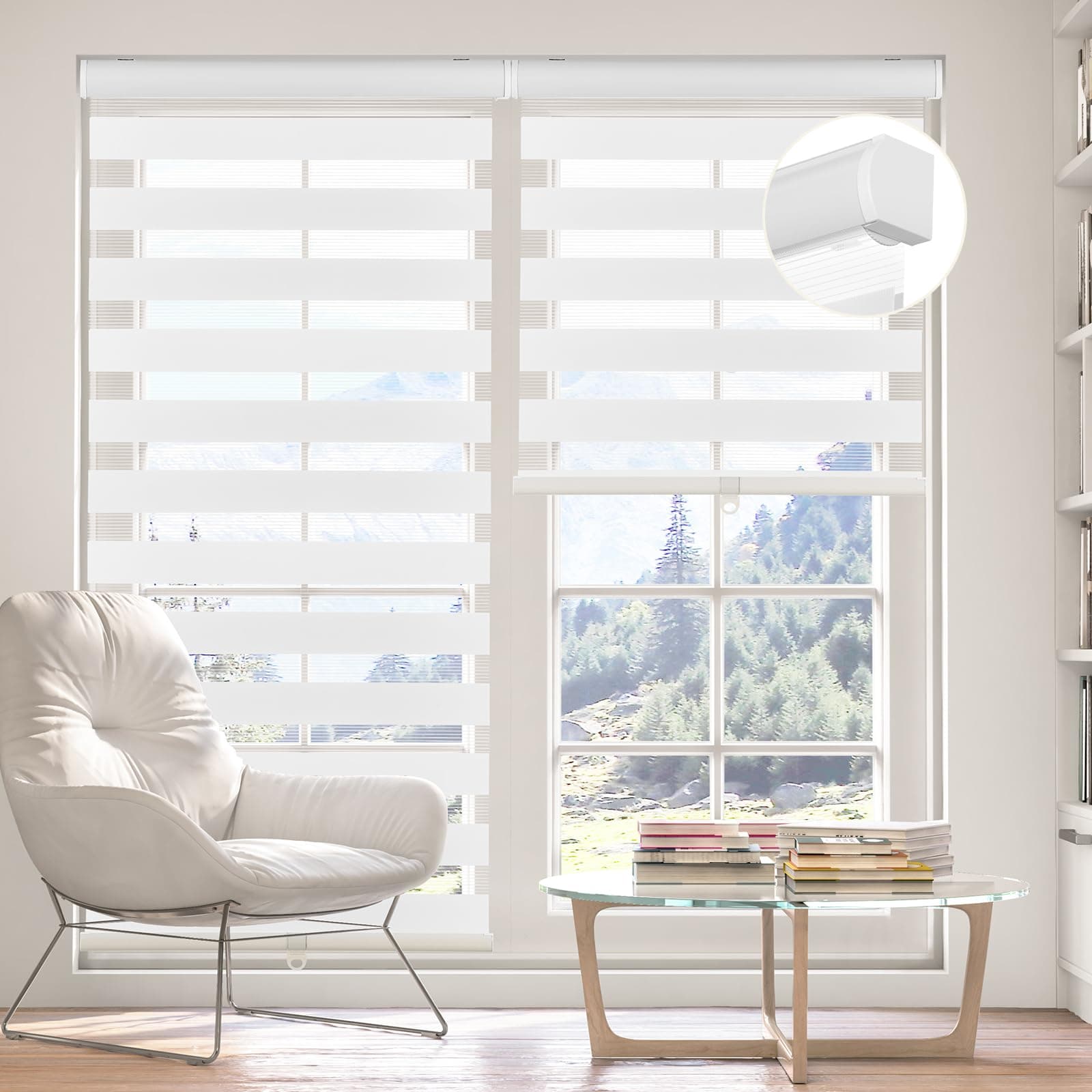 KELIXU Cordless Zebra Blinds with Valance, 42" W x 90" H (107 W x 228 H CM) Day and Night Window Indoor Shades Double Layered Fabric Blind, Light Filtering Window Roller Shade for Home Door, White