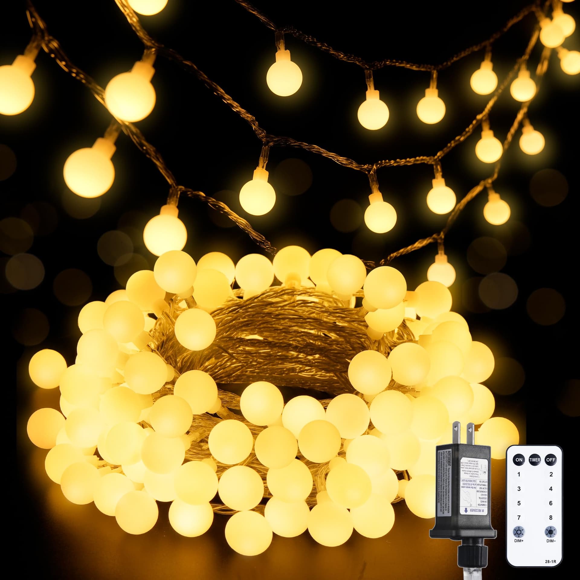 JMEXSUSS 100 LED Connectable Globe String Lights Indoor Bedroom, 33ft Warm White Christmas String Lights Plug in with Remote, 8 Modes Hanging Fairy Lights Outdoor for Room Classroom Dorm Party Decor — image 1