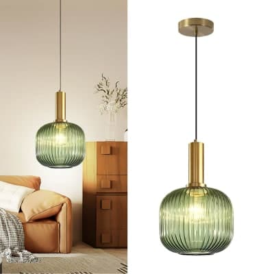 Battery Operated Pendant Light,Glass Battery Ceiling Light Fixtures with Wireless Remote Dimmable,10 Colors Modes Rechargeable Chandelier for Kitchen,Dining Room,Living Room,Bedroom(Green)