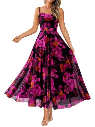 BTFBM Women Summer Floral Maxi Dresses Elegant Spaghetti Strap Dress Printed Party Dress Beach Long Dresses(Floral Black Rose Red,Medium)