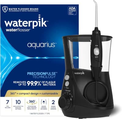 Waterpik Aquarius Water Flosser For Teeth Cleaning, Gums, Braces, Dental Care, Electric Power With 10 Settings, 7 Tips For Multiple Users & Needs, CDA Validated, Black WP-662, Packaging May Vary