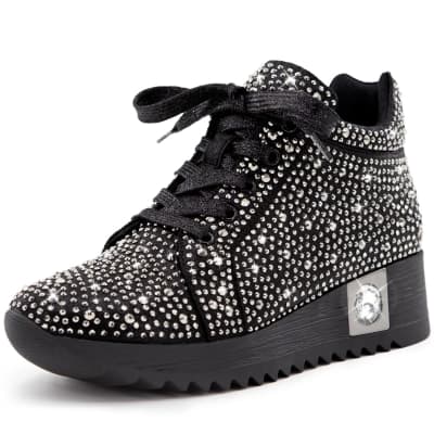 FINDVELL Women's Fashion Glitter Sneakers Platform Wedge Shoes Sparkly Rhinestone High Top Sneakers Trendy Sequin Shoes Wedding Bride Dress, Black, 11