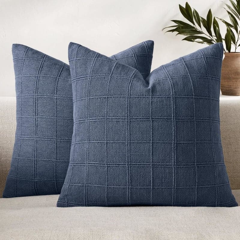 Woaboy Linen Check Throw Pillow Covers Dark Blue Farmhouse Modern Boho Vintage Coastal 24x24 Inch Set of 2 Decorative Cushion Covers for Sofa Couch Bedroom Living Room Home Decor