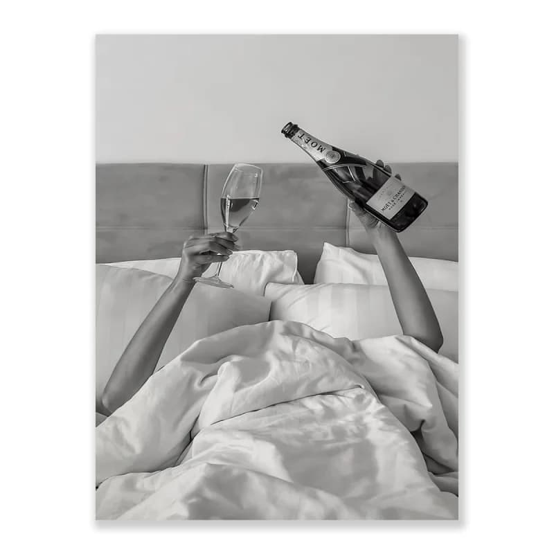WBSTGUE Vintage Trendy Black and White Canvas Wall Art Fashion Feminist Aesthetic Posters Bar Cart Decor Woman Drinking Wine in Bed Print for Living Bathroom Home Bar 12x16 Inch Unframed