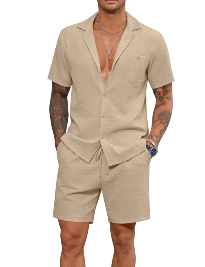 LecGee Men's Short Sleeve 2 Piece Set Simple Shirt Summer Button Vacation Linen Loose Pants Solid Color Causal Tracksuit, Khaki, X-Large