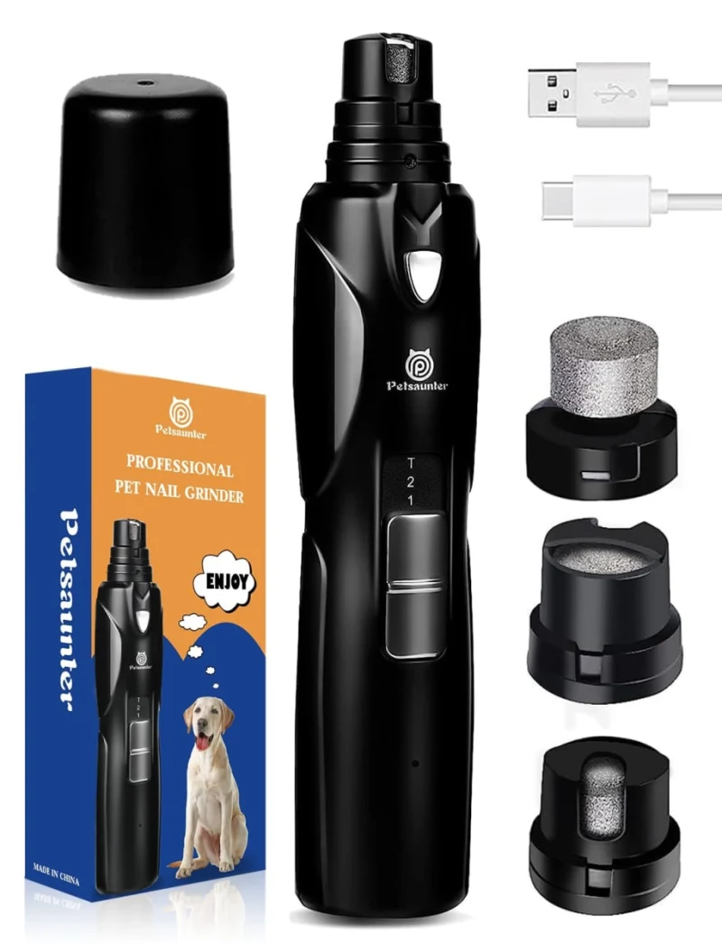 Petsaunter Dog Nail Grinder, 2-Speed and LED Light, Powerful Touch-Switch, TypeC, Quiet and Low-Vibration Dog Nail Trimmers, and 3 Ports for Large, Medium, Small Dogs Cats Pets with Hard or Thick Nail