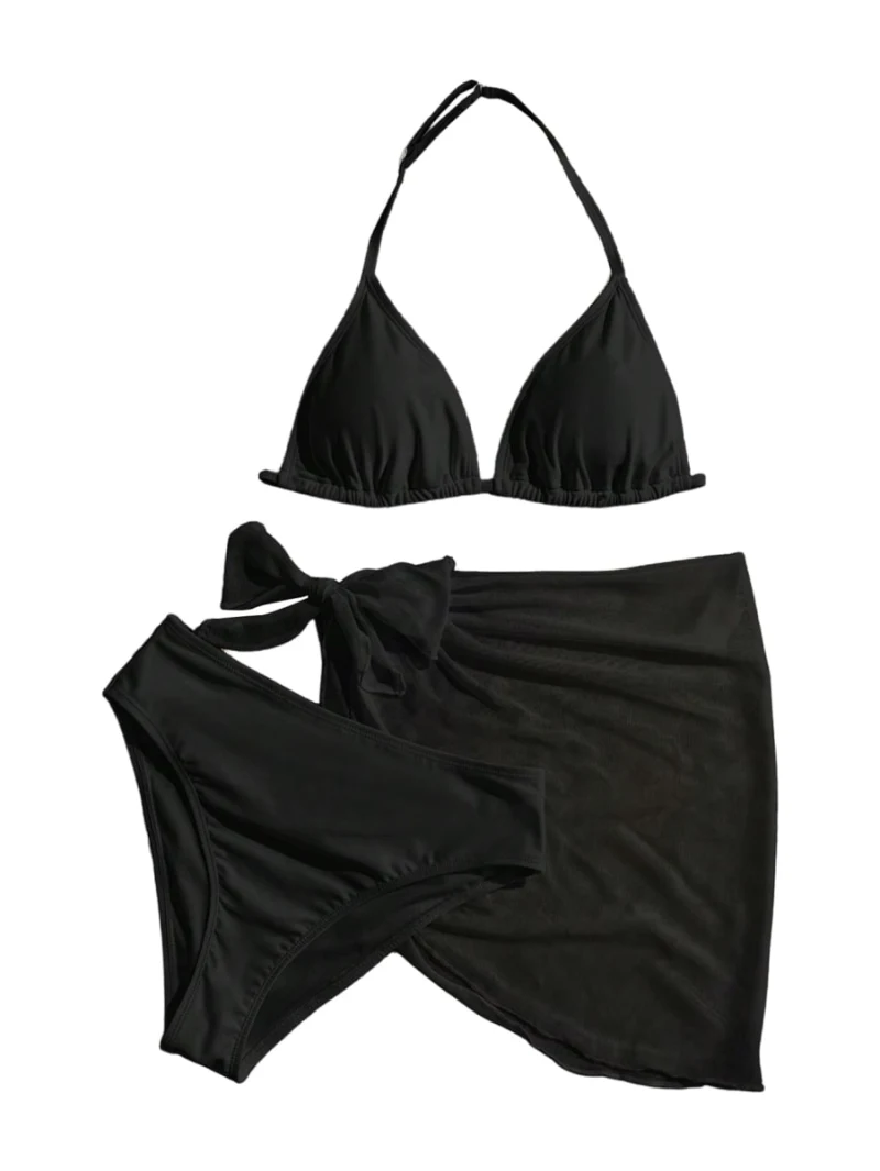 SOLY HUX Girl's Summer Swimsuit Set Floral Halter Triangle Bikini Set with Wrap Skirts Beachwear, Pure Black, 14 Years