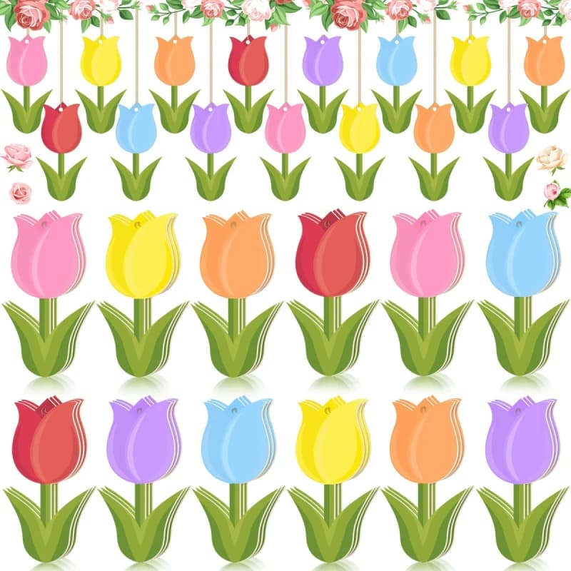 36 Pieces Spring Flower Ornaments Spring Tree Ornaments Easter Wood Tulip Hanging Ornaments Spring Gnome Decorations for Home Colorful Flower Ornaments for Small Tree Spring DIY Craft (Tulip)