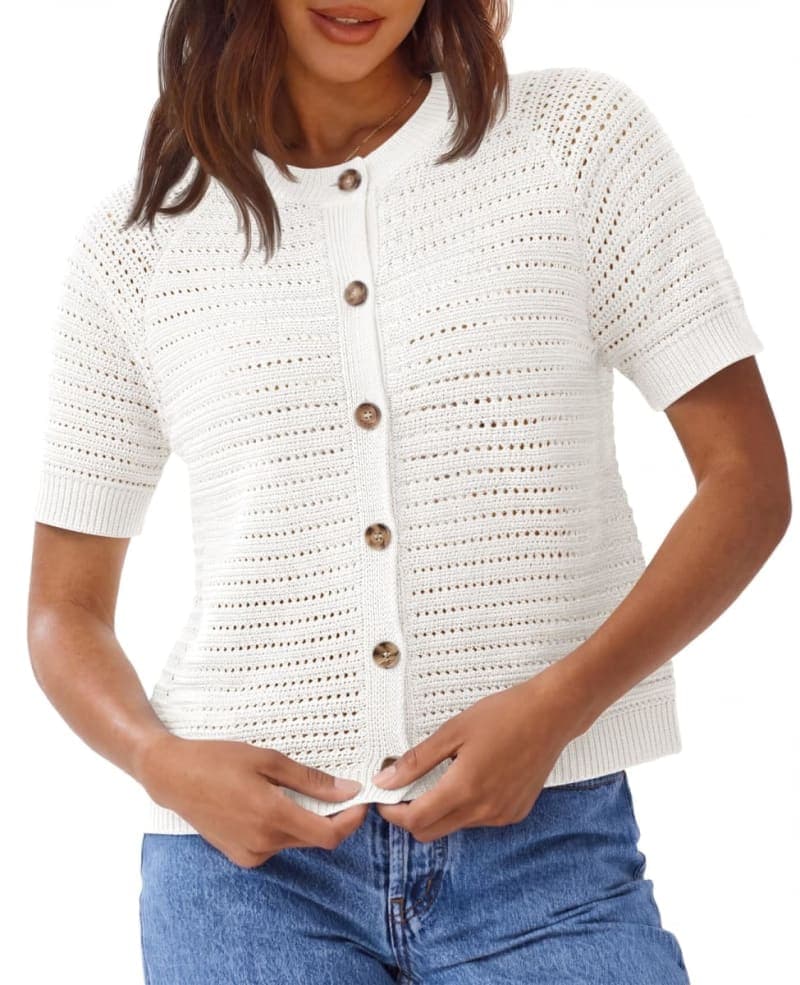 Saodimallsu Womens Crochet Cardigans Short Sleeve Button Down Knit 2026 Summer Casual Crew Neck Sweater Tops, White, Large