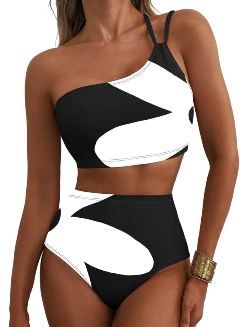 Herseas Women Bikini Sets One Shoulder Floral Print Padded Swimsuits High Waisted Tummy Control Stretchy Two Piece Bathing Suits Flattering 2026 Beach Cruise Essentials Black White Abstract XX-Large